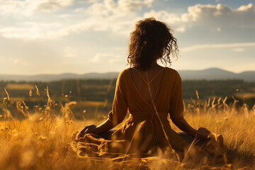 tranquil shot of a person seated in an open field, embracing the elements of earth and air to enhance their spiritual grounding Generative AI