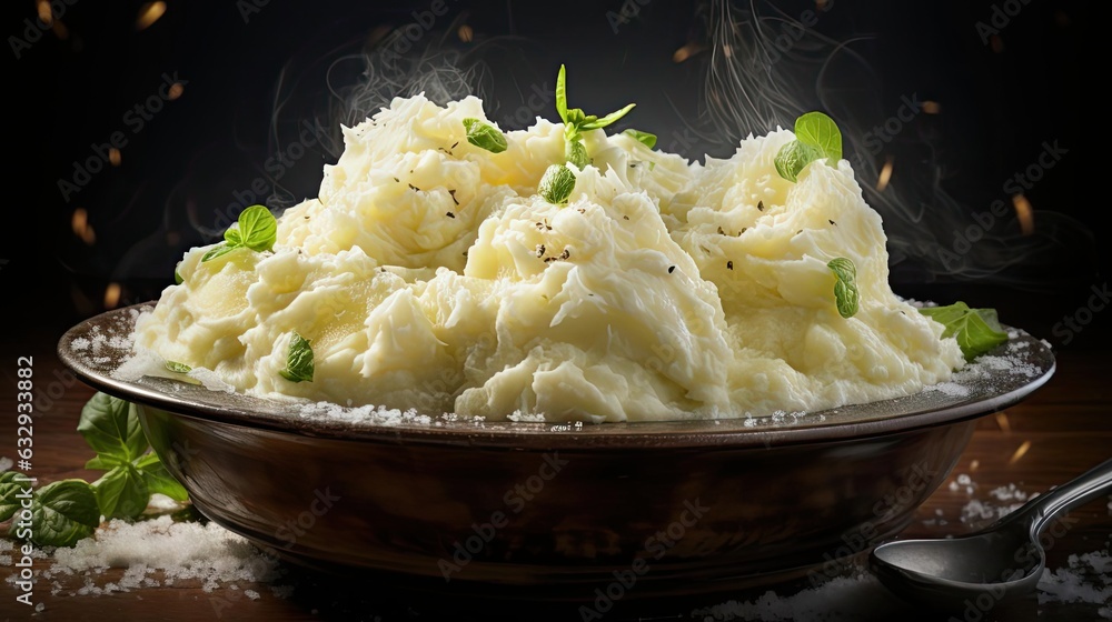 Canvas Prints close-up of mashed potatoes with sprinkled green leaves on table with blurred background