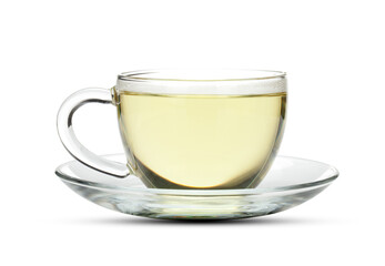 Green tea in glass cup on transparent background