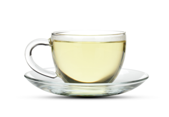 Green tea in glass cup on transparent background