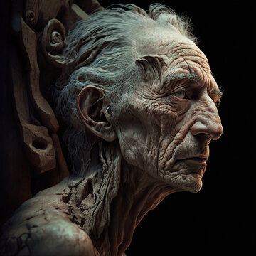 Detailed illustration of a statue of an emaciated old man, image created with ai