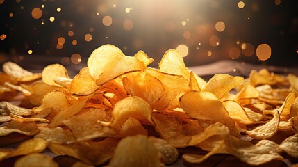 Close-Up of Potato Chips with a sprinkling of savory salty spices on a wooden table with a blurred background,