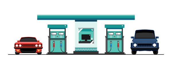 Gas station fuel with personal car on isolated background, Vector illustration.