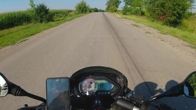 Motorcycle Riding On The Asphalt Road, Moto Traveling In The Summer, First Person Point Of View, Pov