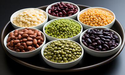 Assorted legumes in different bowls on the table.