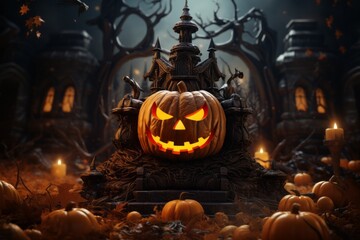 Pumpkins on a gloomy gothic background. Halloween concept. Background with selective focus and copy space