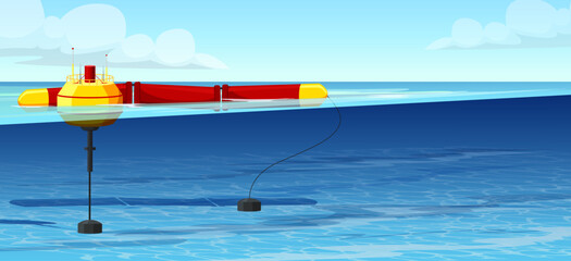 Wave energy plant. Alternative eco electric source. Environment nature industry. Renewable power. Water station. Tidal technology. Modern innovation. Clean production. Vector illustration