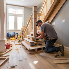 Worker building stairs at home