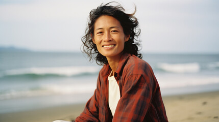 50 year old female surfer sitting at the beach, looking at the camera, relaxed, in front of the ocean, analog photography look