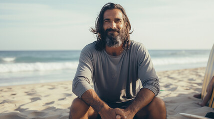 50 year old argentinian surfer sitting at the beach, looking at the camera, relaxed, in front of the ocean, analog photography look - obrazy, fototapety, plakaty