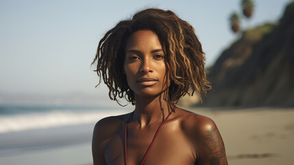 35 year old black female surfer sitting at the beach, looking at the camera, relaxed, in front of the ocean, aperture 2.8, 70mm, analog photography look, kodak gold 400, ai generated 