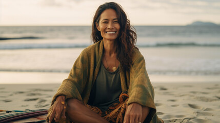 50 year old female surfer sitting at the beach, looking at the camera, relaxed, in front of the ocean, aperture 2.8, 70mm, analog photography look, kodak gold 400, ai generated 