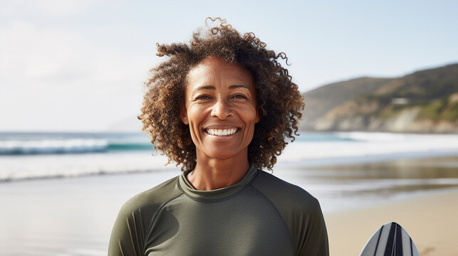 50 year old black female surfer sitting at the beach, looking at the camera, relaxed, in front of the ocean, analog photography look