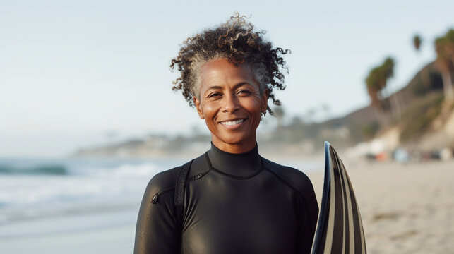 50 year old female surfer sitting at the beach, looking at the camera, relaxed, in front of the ocean, analog photography look