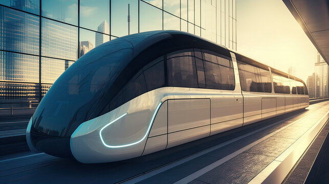 High-speed train shuttles in future cities. AI generated image, illustrating the future of rapid, sustainable ground transportation.