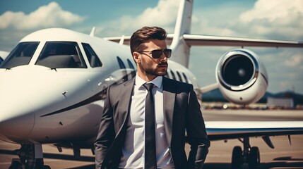 Rich and successful young businessman in suit and sunglasses with private jet on background