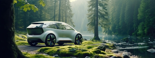 concept car turned towards the serene beauty of a forest, panorama, futuristic design of automobile, ecological concept, AI