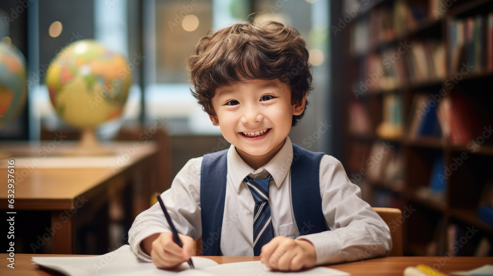 Poster little schoolboy sitting at his desk in front of a class room.created with generative ai technology.
