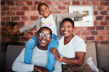 Portrait of black family in home, parents and kid on sofa with piggy back, bonding and relax in...