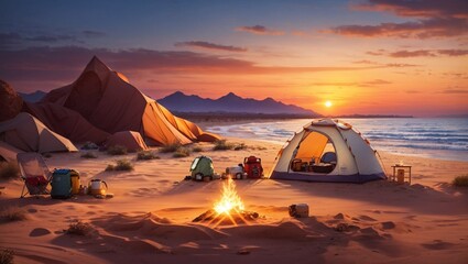 Fototapeta na wymiar camping on the beach with sunset