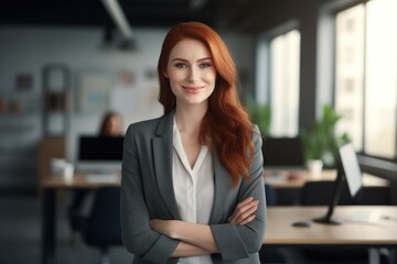 Fototapeta Smiling European Ginger Haired Woman Posing Wearing Formal Suit at Her Work Place. obraz