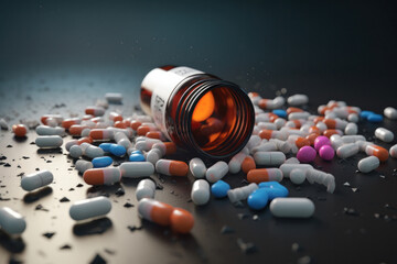 Various Pills Scattered Around the Surface. Colorful Pills Lying with Container on the Table.