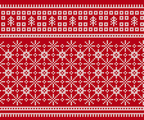 Christmas geometric texture with tree and snowflakes. Knit seamless pattern. Xmas winter print. Knitted sweater background. Holiday fair isle traditional ornament. Vector illustration.