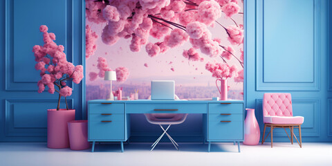 office with desk and cherry flowers in pink blue colors