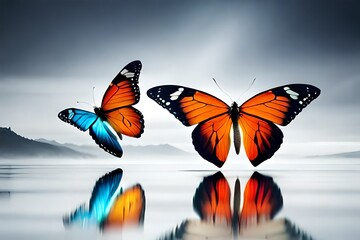 Fototapeta na wymiar two beautiful colorful butterflies on white and grey background