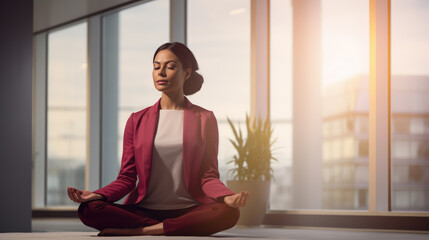 Young businesswoman does yoga at work in the office. Created with Generative AI technology.