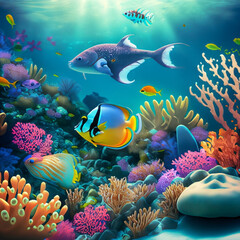 Fototapeta na wymiar Abstract background wallpaper Whimsical underwater world with coral reefs and colorful fish