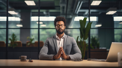 Young businessman does yoga at work in the office. Created with Generative AI technology.