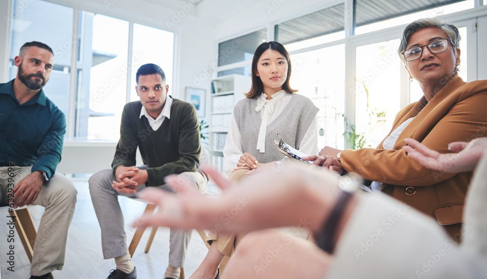 Poster business people meeting, group and leader explain project management, sales workshop or hands of bos
