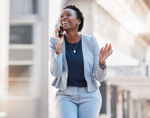 Business, walking and phone call of happy woman in city for conversation, mobile networking and funny communication. African worker talking on smartphone for contact, chat and laugh in urban street