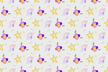 Seamless pattern with stars, hearts and flowers. Background illustration.