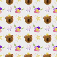 Seamless pattern with cute teddy bear, flower, star and hearts on white background