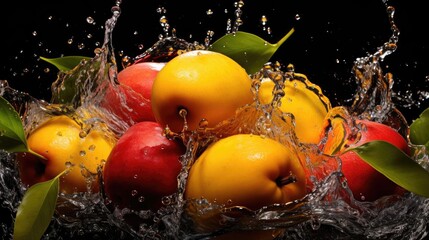 Close-Up of fresh yellow mangoes splashed with water on black and blurred background