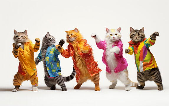 dancing cats Cats dressed in bright attire are dancing with laughter, crafting an utterly delightful show filled with a sense of joy. A pet-inspired concept.