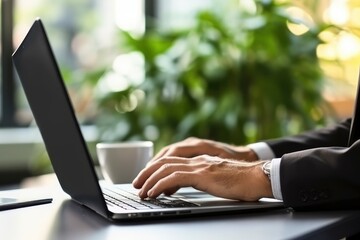 Busy Professional type on Laptop, Focused on Completing Important Project Deadline