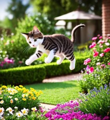 The kitten jumps and leaps in the air, tfunny cat in the garden 2
