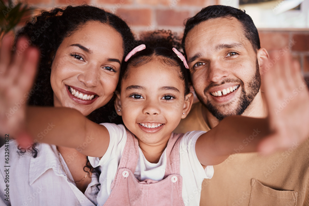 Poster Selfie of happy family in home, parents and kid with smile, bonding and relax in living room. Portrait of mom, dad and girl child on couch in apartment with man, woman and daughter together in Brazil