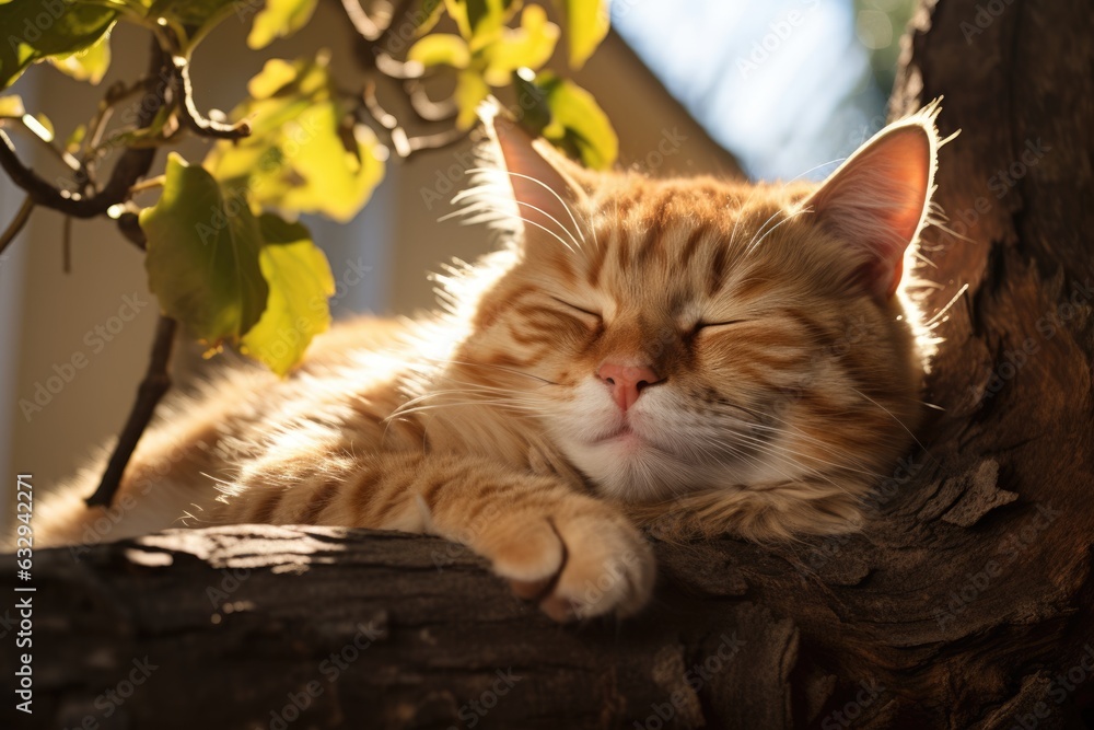 Poster a cat is sleeping on a tree branch. digital image.