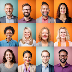 Photo collage portrait of multiracial smiling people with different ages looking at camera. Mosaic of happy modern faces. 