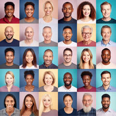 Plakat Photo collage portrait of multiracial smiling people with different ages looking at camera. Mosaic of happy modern faces. 