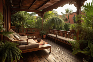 Fototapeta premium Illustration of an interior with a noble tropical wood floor and tropical plants in the background, generative ai.