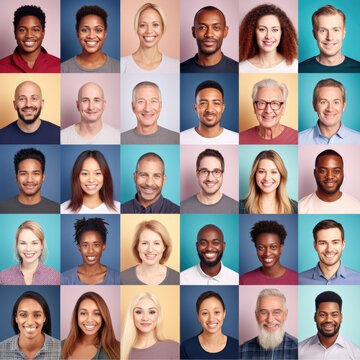 Photo collage portrait of multiracial smiling people with different ages looking at camera. Mosaic of happy modern faces. 