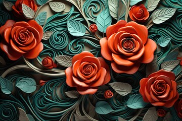 paper craft style illustration, beautiful red rose vine covered on wall background wallpaper, Generative Ai