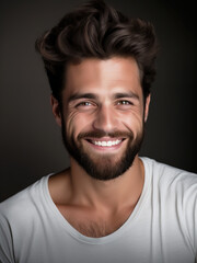 Obraz premium Portrait of a handsome man smiling with clean teeth. used for a dental ad. guy with fresh stylish hair and beard 