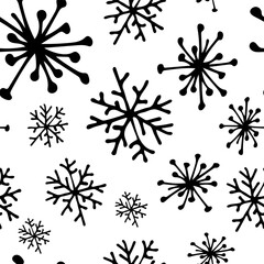 Vector.Doodle snowflakes.Seamless pattern with snowflakes on a white background. Hand-made illustration for holiday design, new year, christmas, winter, snowballs, snow, background, paper, wallpaper,