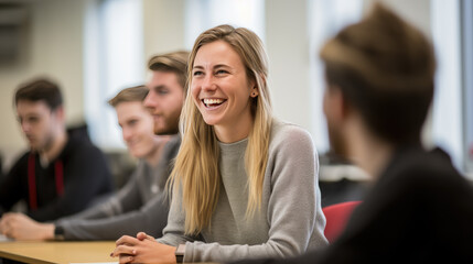 A young female student smiles as she sits at her desk in a university class. Created with Generative AI technology.